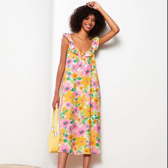 Bright Floral Print Midi Dress Friky Straps Resort Vacation vibes - Picture 2 of 5